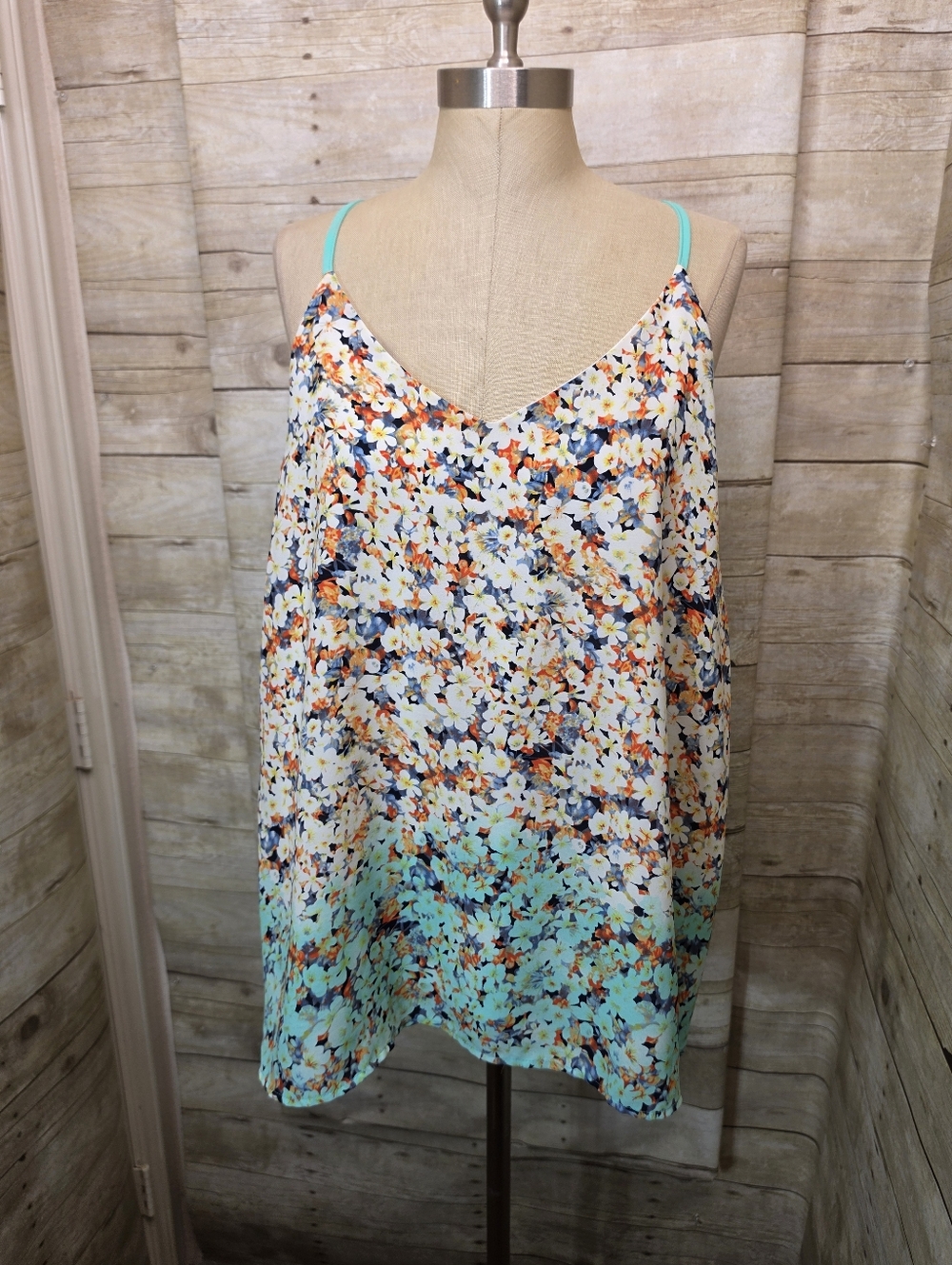 Floral V-Neck Spaghetti Strap Tank Top - Aqua/Multicolor